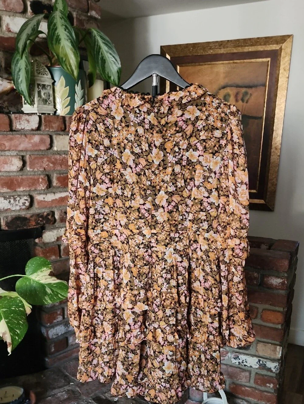 Showpo Mustard Pink Floral Plunge V-Neck Tiered Romper Long Sleeve